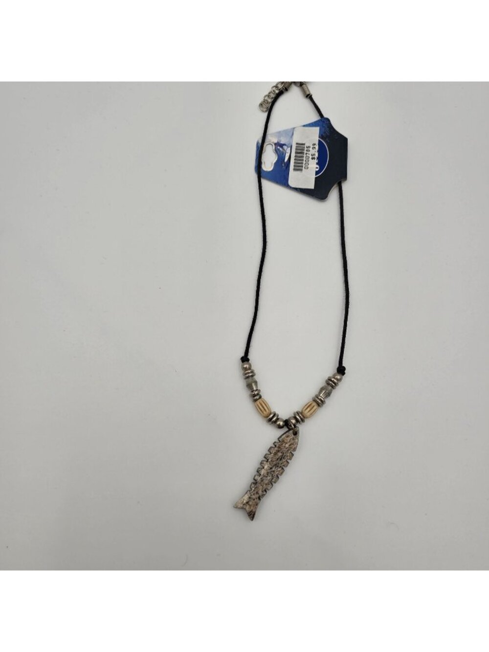 Fish Bone Pendant Necklace With Beaded Cord & Adjustable Closure